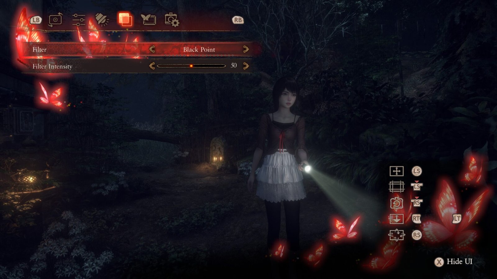 Mio Amakura in the Fatal Frame II: Crimson Butterfly Remake Photo Mode with active 'Black Point' filter menu, holding a flashlight surrounded by glowing red butterflies at night.