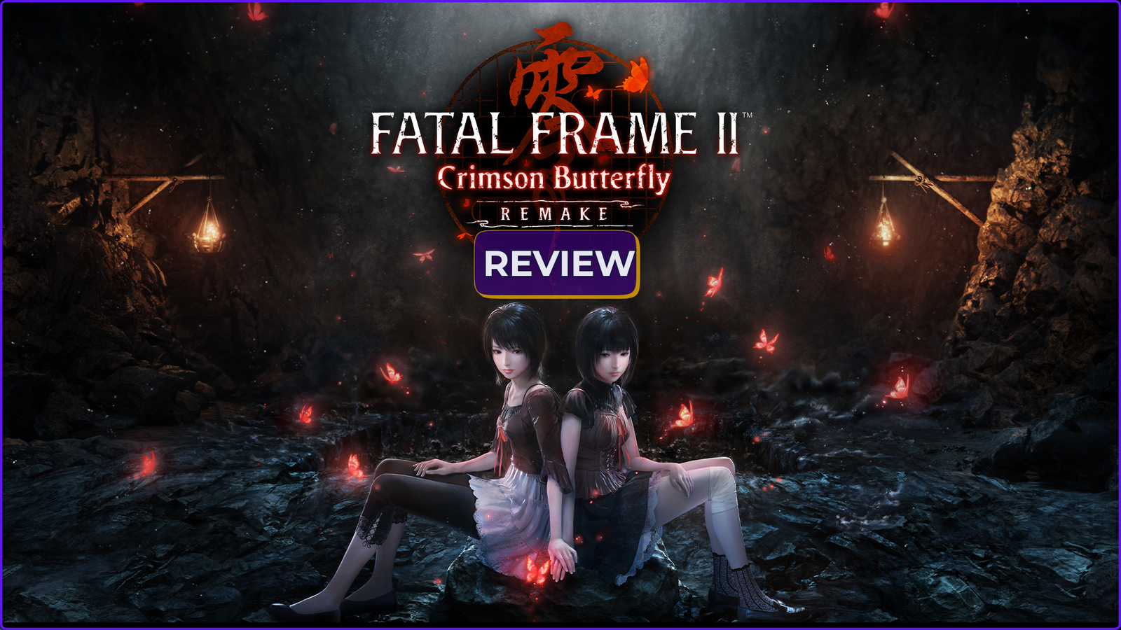 Fatal Frame II: Crimson Butterfly Remake Review featured image banner, showing twin sisters Mio and Mayu sitting back-to-back in a dark cave.
