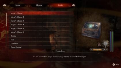 The Spirit Radio audio log playback menu interface in Fatal Frame II: Crimson Butterfly Remake.