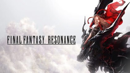 Panoramic promotional key art for Final Fantasy Resonance showing a long-haired girl in a red cape sitting on a massive black dragon head.