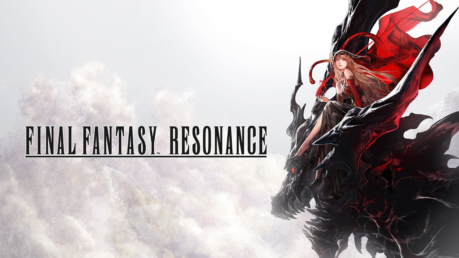Panoramic promotional key art for Final Fantasy Resonance showing a long-haired girl in a red cape sitting on a massive black dragon head.