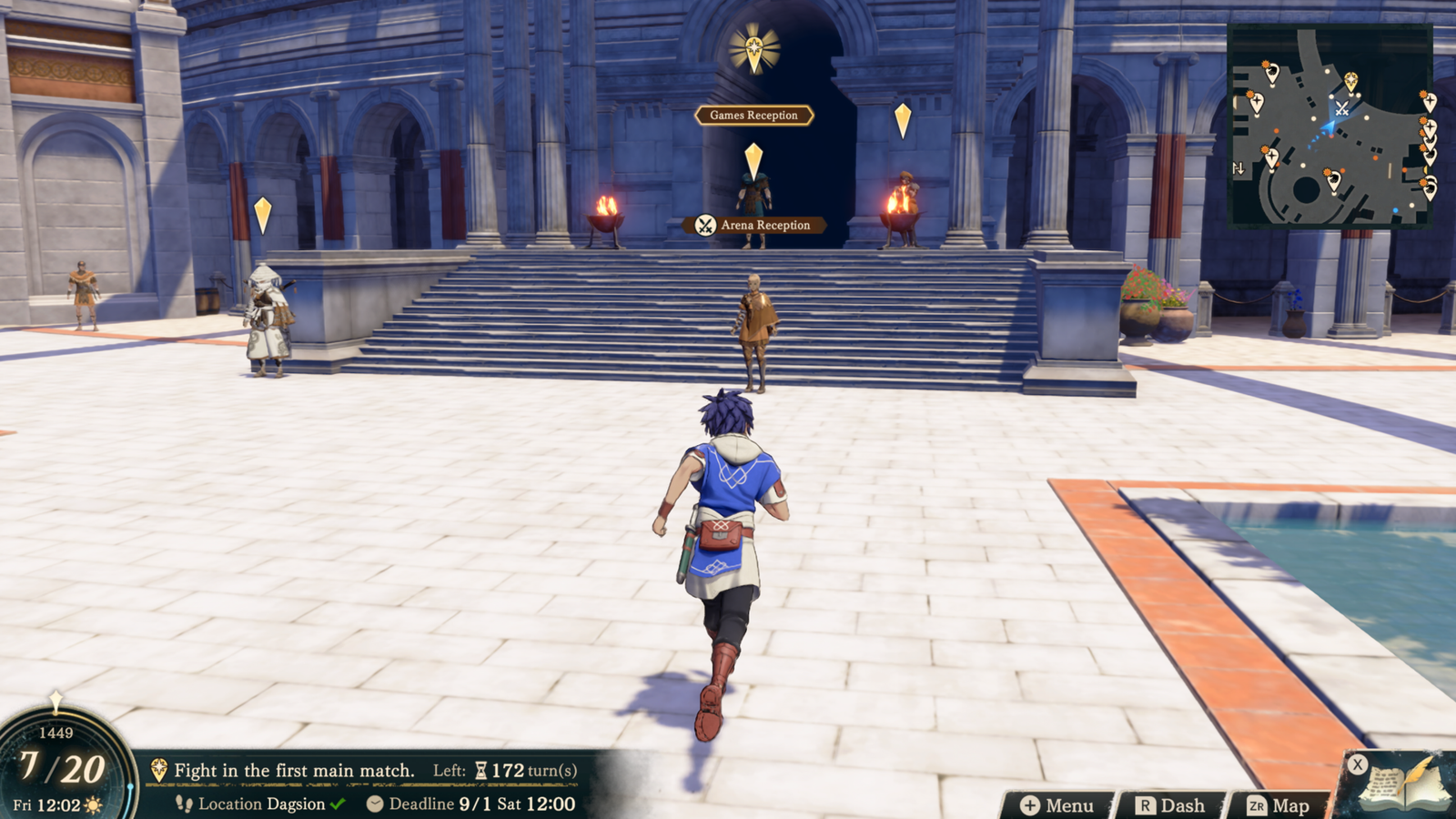 In-game dialogue interface inside the capital city hub of Dagsion showing the character Cai speaking to his companions.