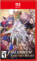 Official physical retail packaging layout for Fire Emblem Fortunes Weave on the Nintendo Switch 2 showing the red case border and the main character compilation.