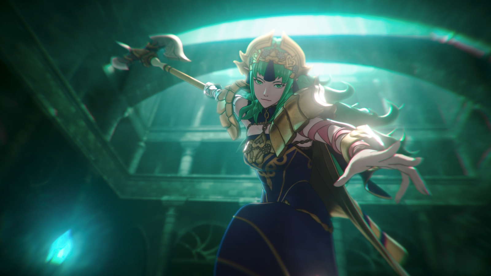An in-game cinematic cutscene from Fire Emblem Fortunes Weave showing Queen Theodora lunging forward with a gold polearm weapon.