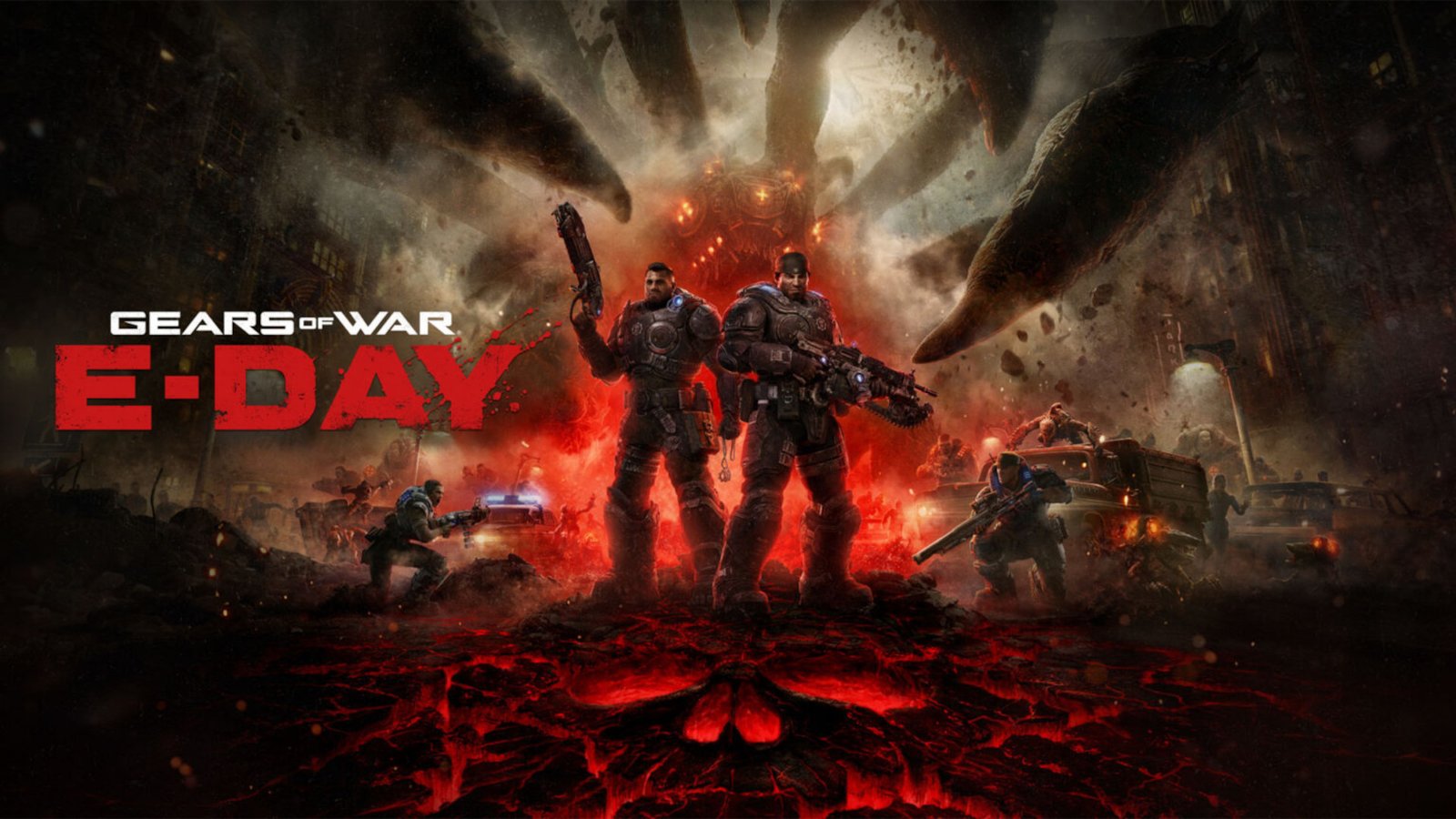 Marcus Fenix and Dominic Santiago standing amidst explosions in the official key art confirming the Gears of War: E-Day release date.