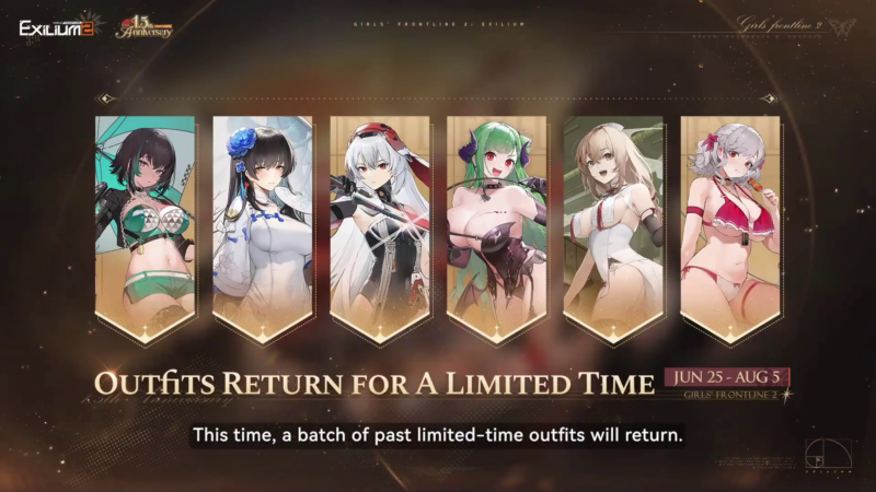 Grid banner showcase displaying six past limited-time character outfits returning to the store.