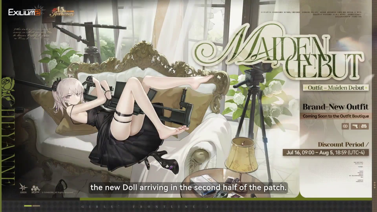 Cheyanne modeling her premium black Maiden Debut dress while reclining on a baroque sofa next to camera tripods.