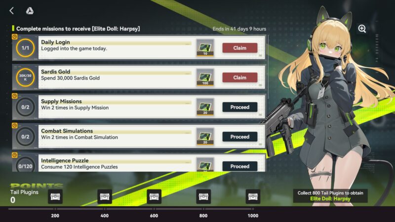 Mission milestone screen for the Girls' Frontline 2 Dawnforger event showing reward progression for Harpsy.