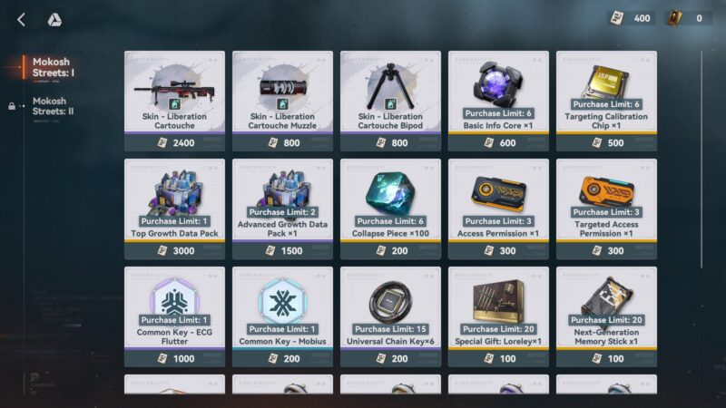 The Mokosh Streets event shop interface in Girls' Frontline 2, displaying available weapon skins and upgrade materials.