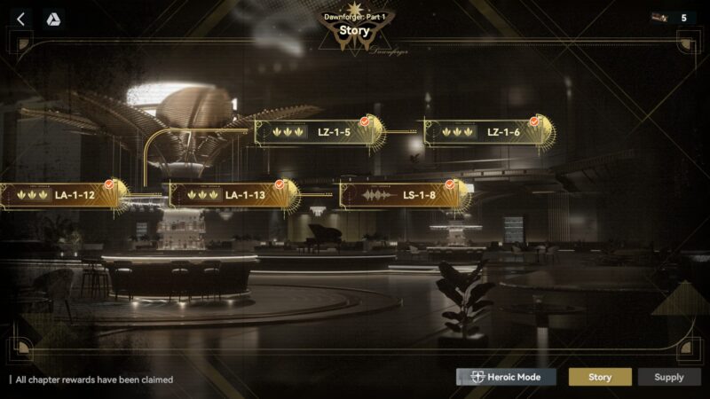 Map selection screen for the Dawnforger Part 1 story stages in Girls' Frontline 2.