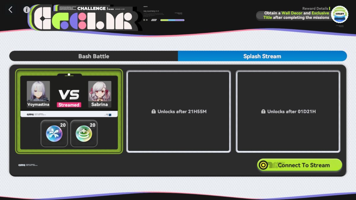 The lobby interface for connecting to the Splash Stream minigame session.
