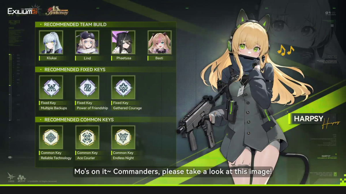 Harpsy build guide screen displaying recommended Vanguard matrix teams and common keys.