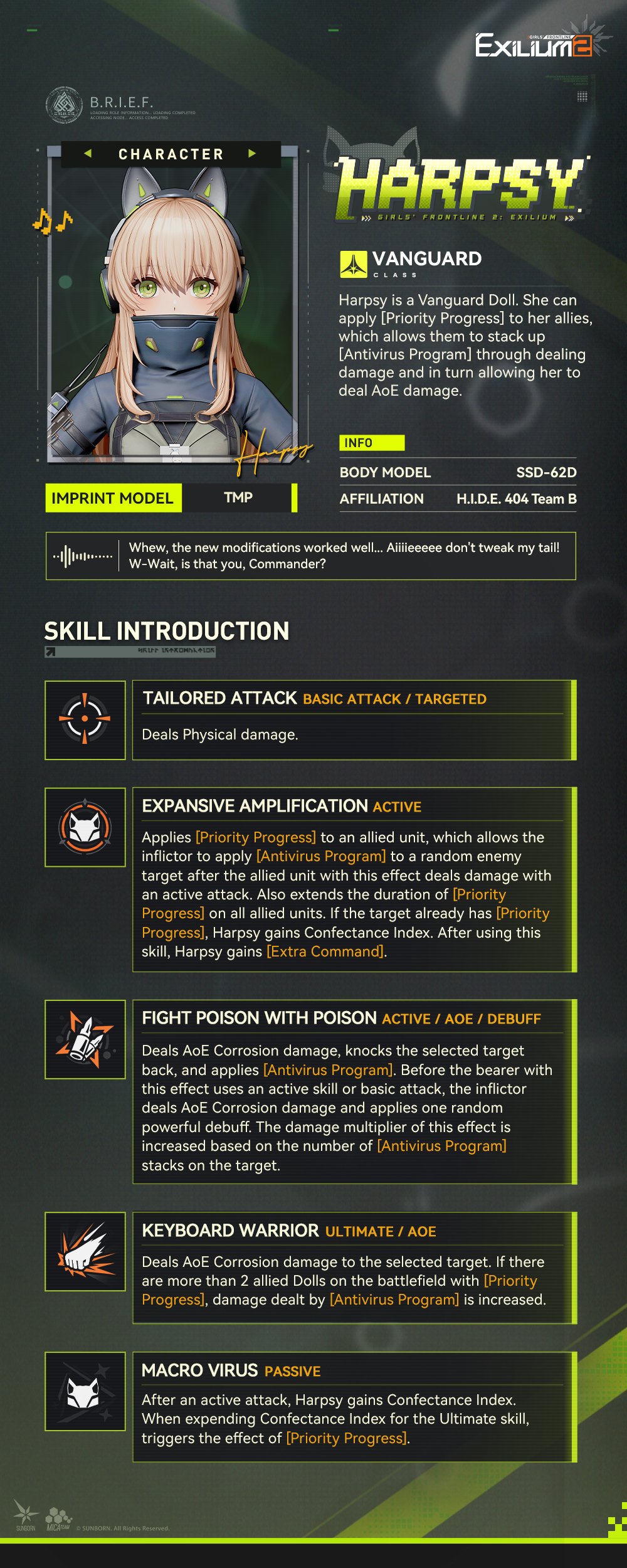 Harpsy Vanguard class active skills corrosion debuffs and target tracking