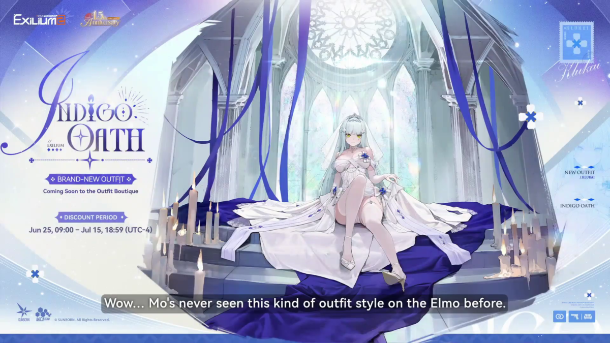 Klukai wearing her formal white Indigo Oath dress while sitting on a cathedral altar stage.