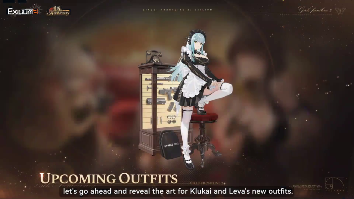Klukai upcoming maid outfit design concept with a rifle display case backdrop.