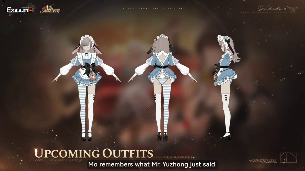 Leva upcoming fairy tale maid uniform design sheet showing front, back, and side views.