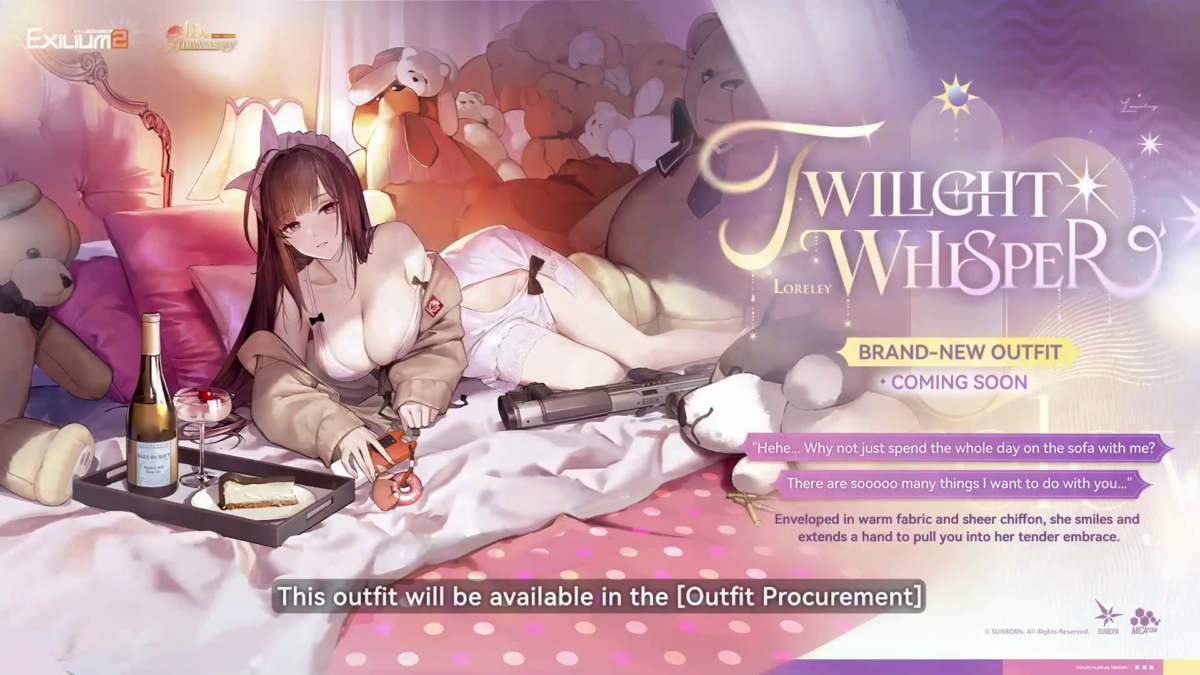 Loreley modeling her Twilight Whispers casual lounge wear while relaxing on a bed filled with giant plush bears.