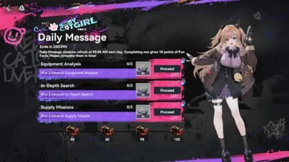 Girls Frontline 2 Needy Catgirl Overload event Daily Message menu interface displaying daily event missions and milestone rewards alongside character art of Basti.