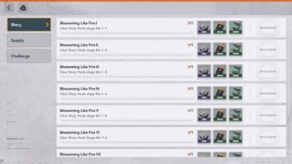 The Love Diary menu screen in Girls Frontline 2, showing a quest tracking list for the Blossoming Like Fire campaign event stages.