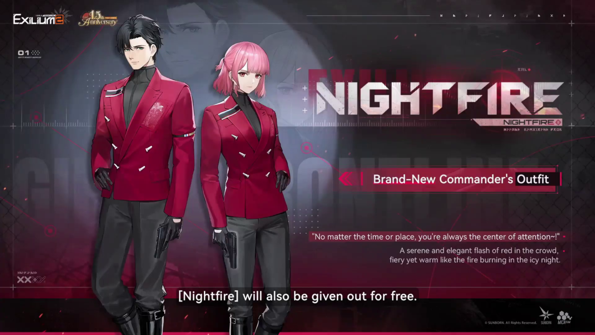 Male and female commander avatars modeling the free red and black Nightfire formal outfits.
