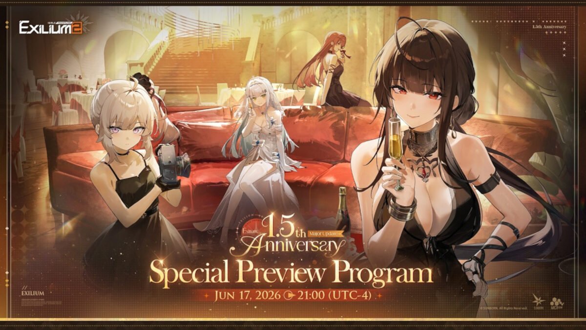 Official promotional banner for the Girls' Frontline 2 1.5 anniversary preview stream showing tactical dolls in formal evening gowns.
