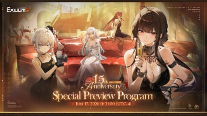 Official promotional banner for the Girls' Frontline 2 1.5 anniversary preview stream showing tactical dolls in formal evening gowns.