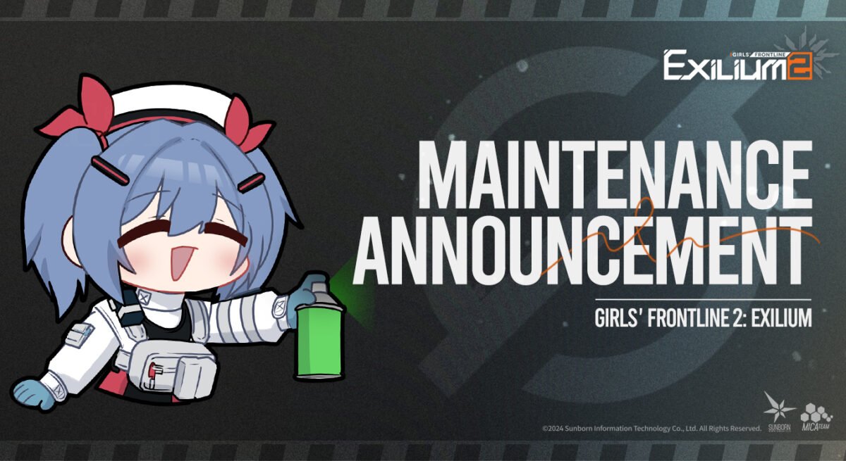 Official maintenance announcement graphic for Girls' Frontline 2: Exilium featuring a chibi Colphne holding a spray paint can next to the text Maintenance Announcement.