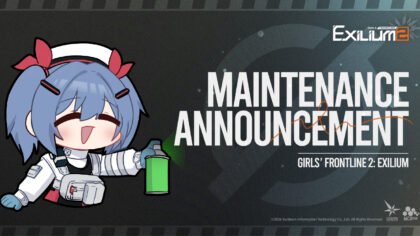 Official maintenance announcement graphic for Girls' Frontline 2: Exilium featuring a chibi Colphne holding a spray paint can next to the text Maintenance Announcement.