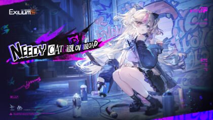 Promotional splash art for the Girls Frontline 2 Exilium and Needy Catgirl Overload crossover event, featuring character Basti squatting on a city street with graffiti and spray paint cans.