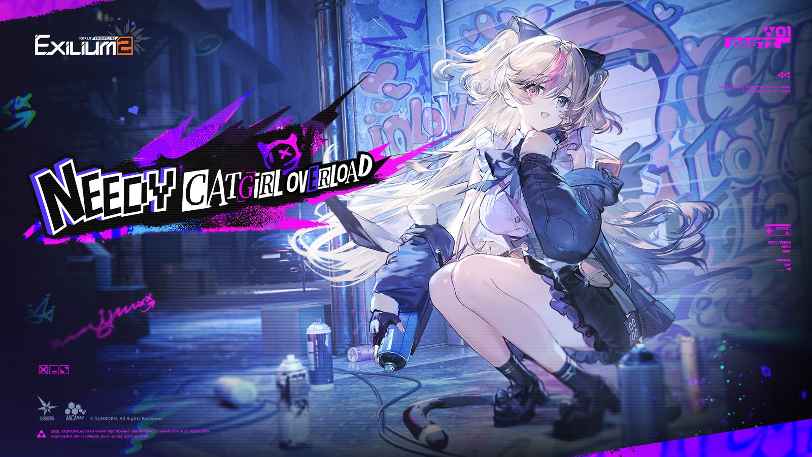 Promotional splash art for the Girls Frontline 2 Exilium and Needy Catgirl Overload crossover event, featuring character Basti squatting on a city street with graffiti and spray paint cans.