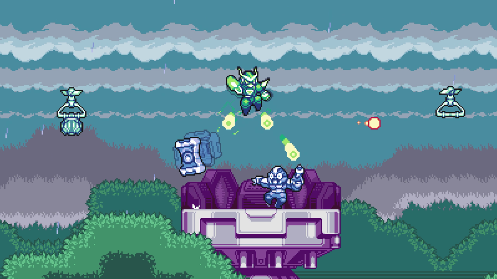 Cable hovers in mid-air to fire green projectile shots downward at a flying mechanoid enemy during a rainy outdoor level in Gravity Circuit 2.