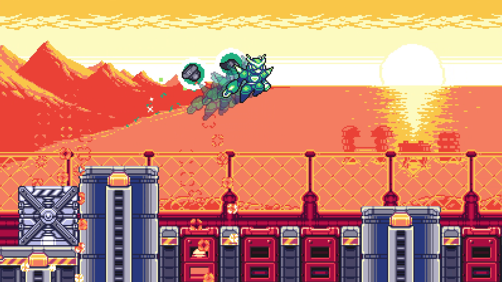 Side-scrolling gameplay screenshot from Gravity Circuit 2 showing Cable leaping through the air above a red and orange industrial landscape at sunset.