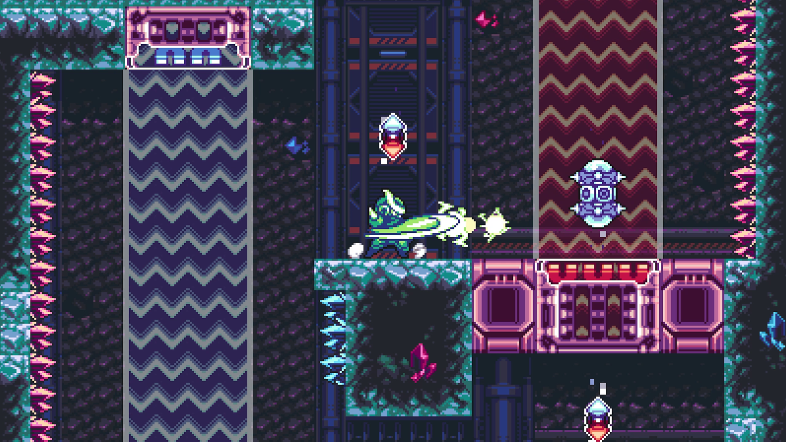 Cable uses a long-range energy slice maneuver to clear an obstacle while navigating a purple and white hazard-filled vertical stage in Gravity Circuit 2.