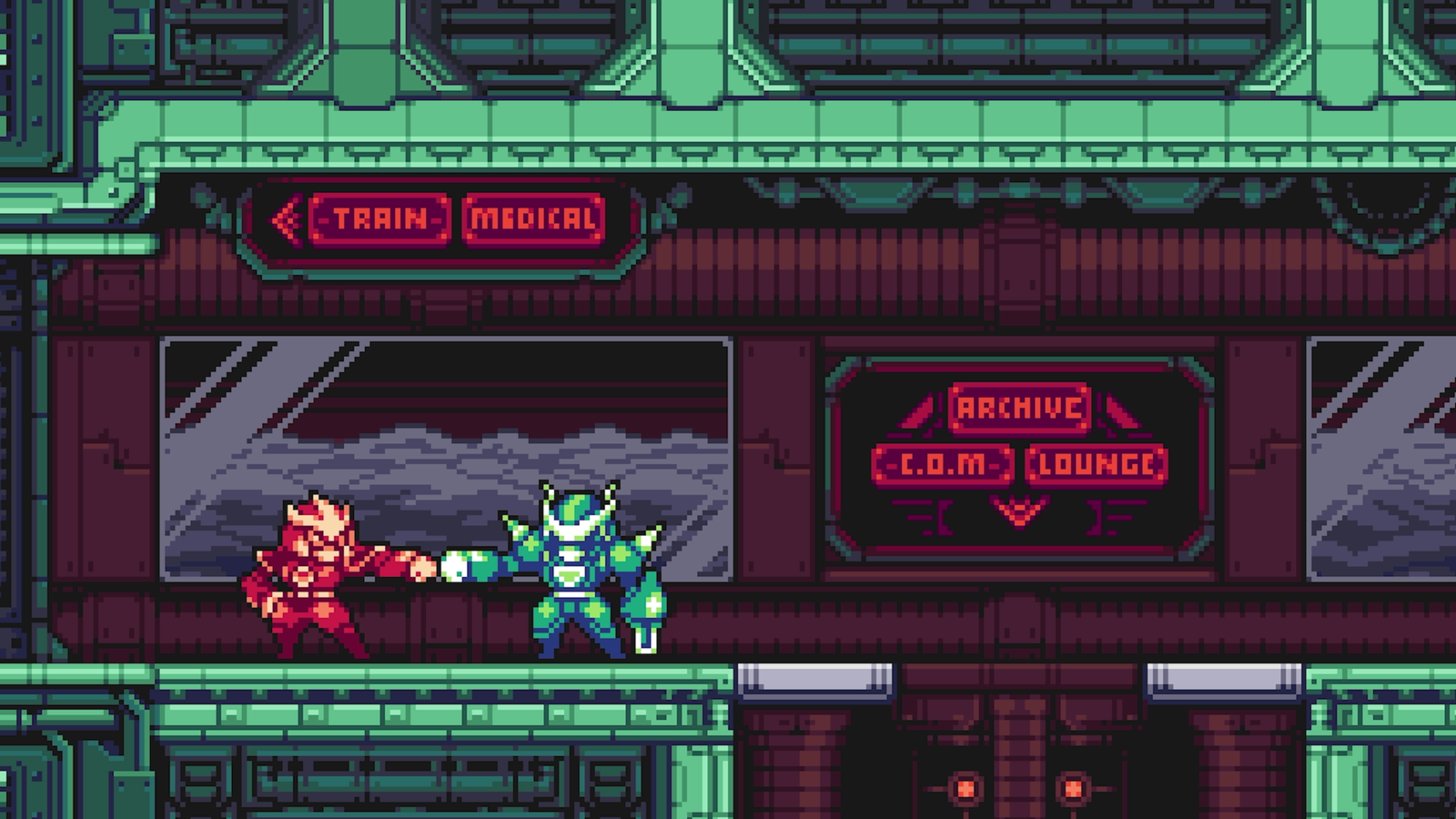Playable heroes Kai and Cable share a fist bump inside the green-lit HQ hub area in Gravity Circuit 2 beneath digital signs pointing to the training room and archives.