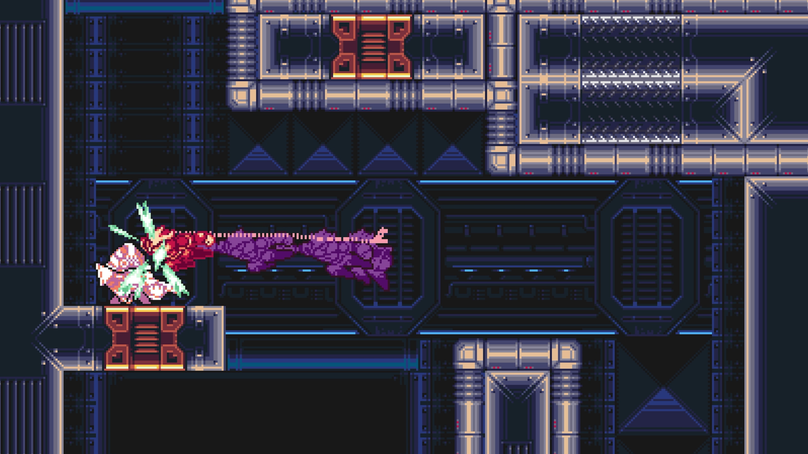 Gameplay screenshot of Kai deploying his signature mechanical hookshot grapple to grab an enemy across a dark metallic corridor in Gravity Circuit 2.