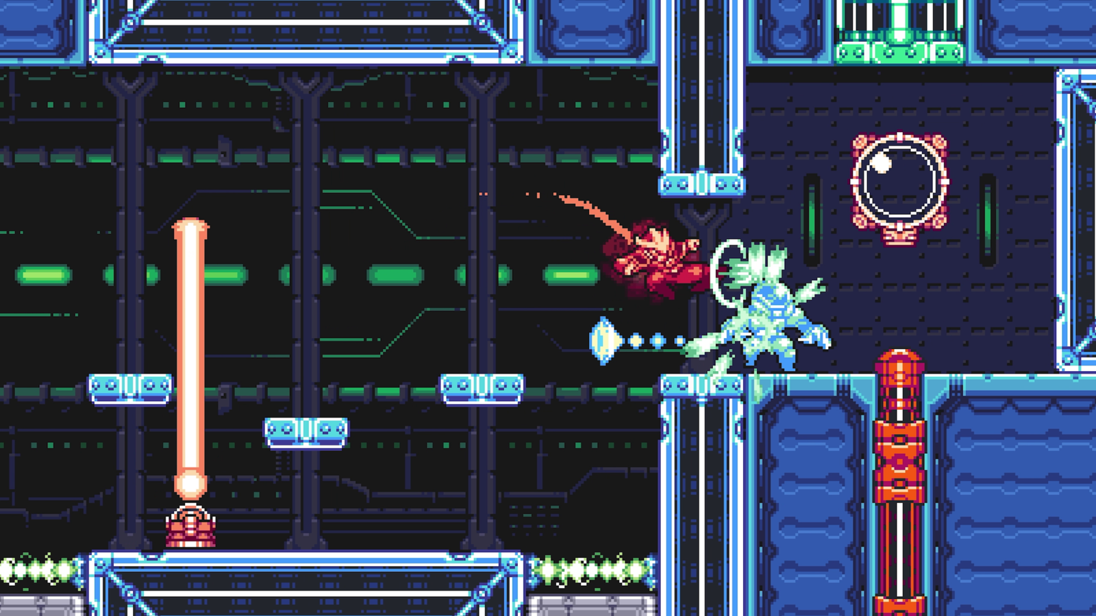 Blue protagonist Kai executes a glowing melee strike against an agile red enemy robot inside a blue-tinted futuristic facility in Gravity Circuit 2.