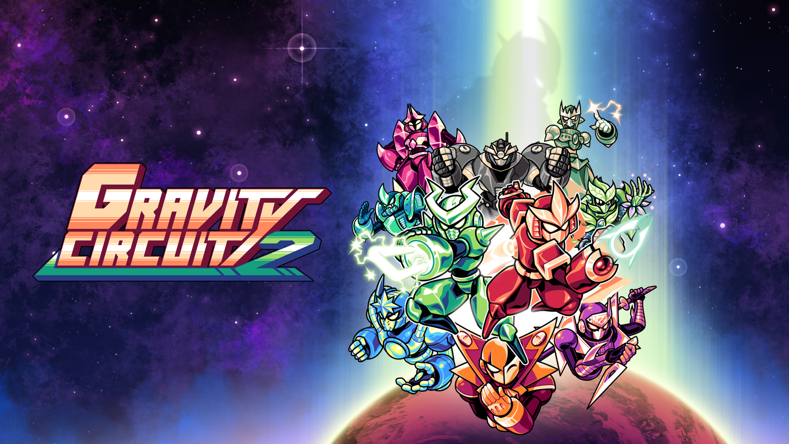 Official Gravity Circuit 2 key art illustration featuring Kai, Cable, and the new enemy Hunter Circuit bosses against a deep space background.