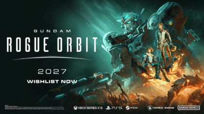 Promotional key art for Gundam Rogue Orbit featuring the Gundam Helix mobile suit standing behind pilot RE-X and a crew member.