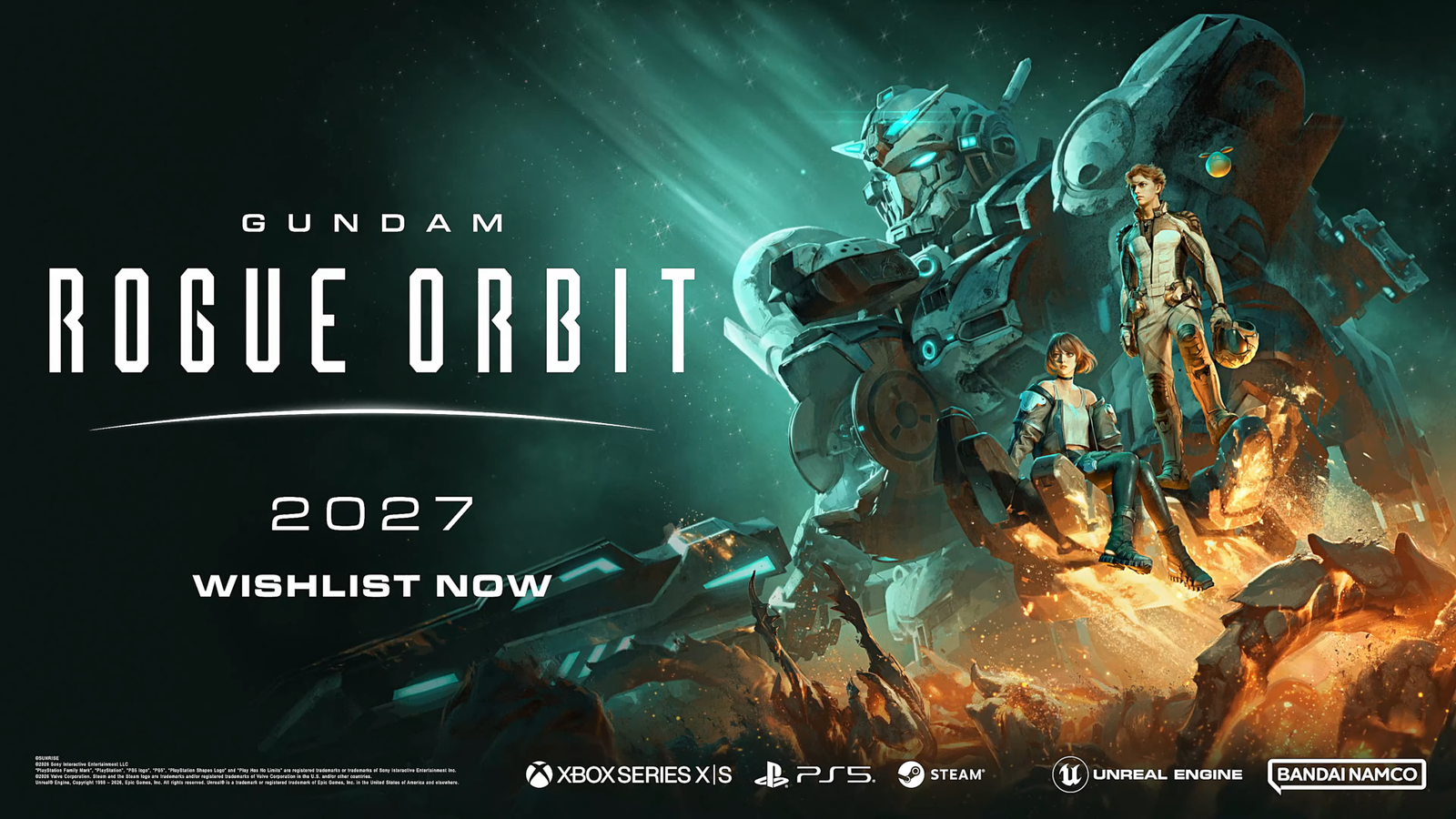 Promotional key art for Gundam Rogue Orbit featuring the Gundam Helix mobile suit standing behind pilot RE-X and a crew member.