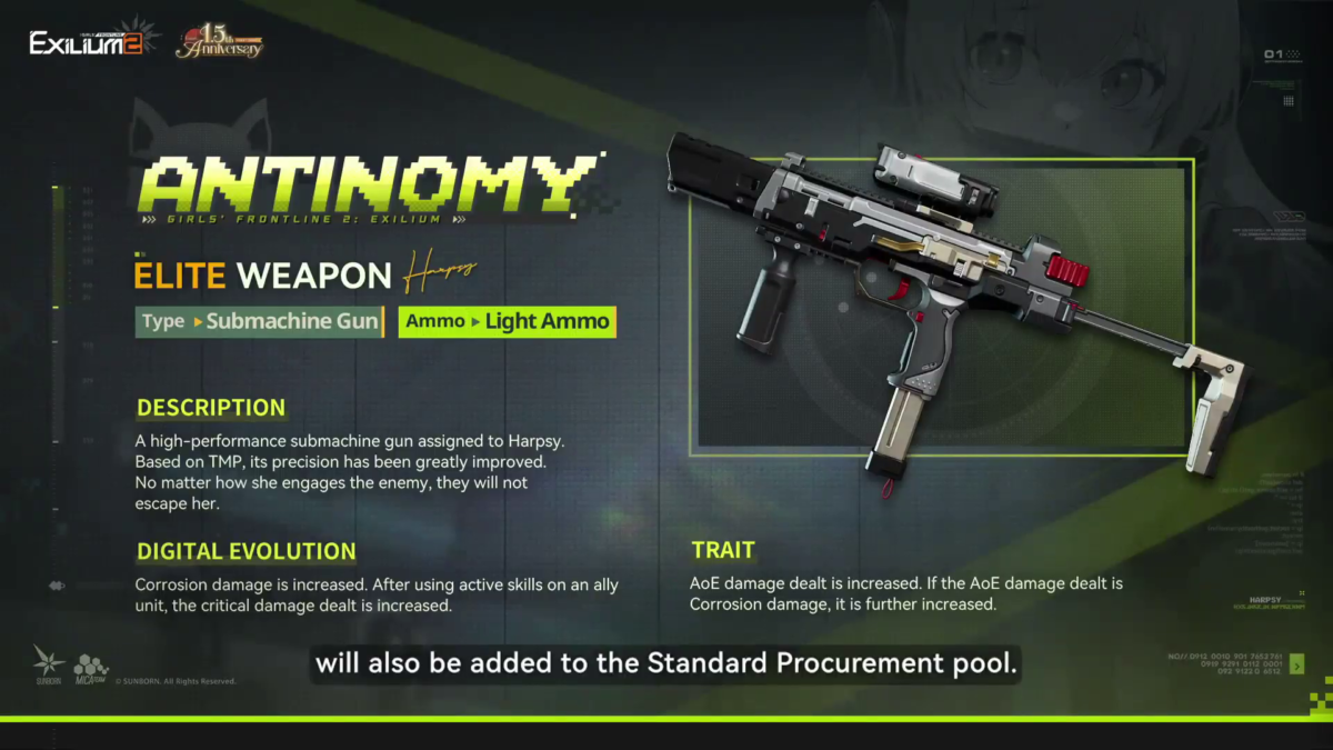Antinomy elite submachine gun stat card highlighting its digital evolution corrosion damage traits.