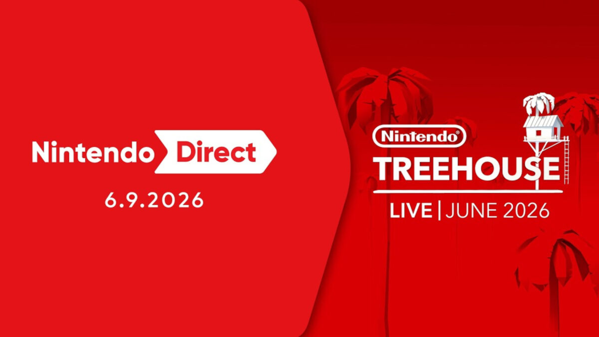 Official promotional graphic displaying the red and white branding logos for the broadcast showcasing the June 2026 Nintendo Direct announcements alongside the Nintendo Treehouse Live event.