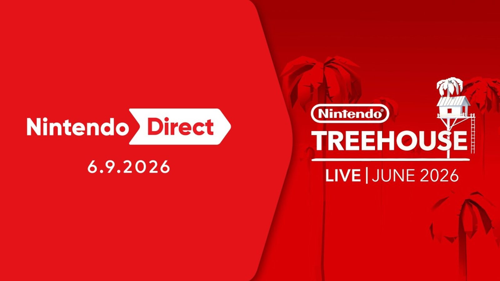 Official promotional graphic split into two sections highlighting the June 2026 Nintendo Direct scheduled for June 9 alongside the Treehouse Live presentation logo.