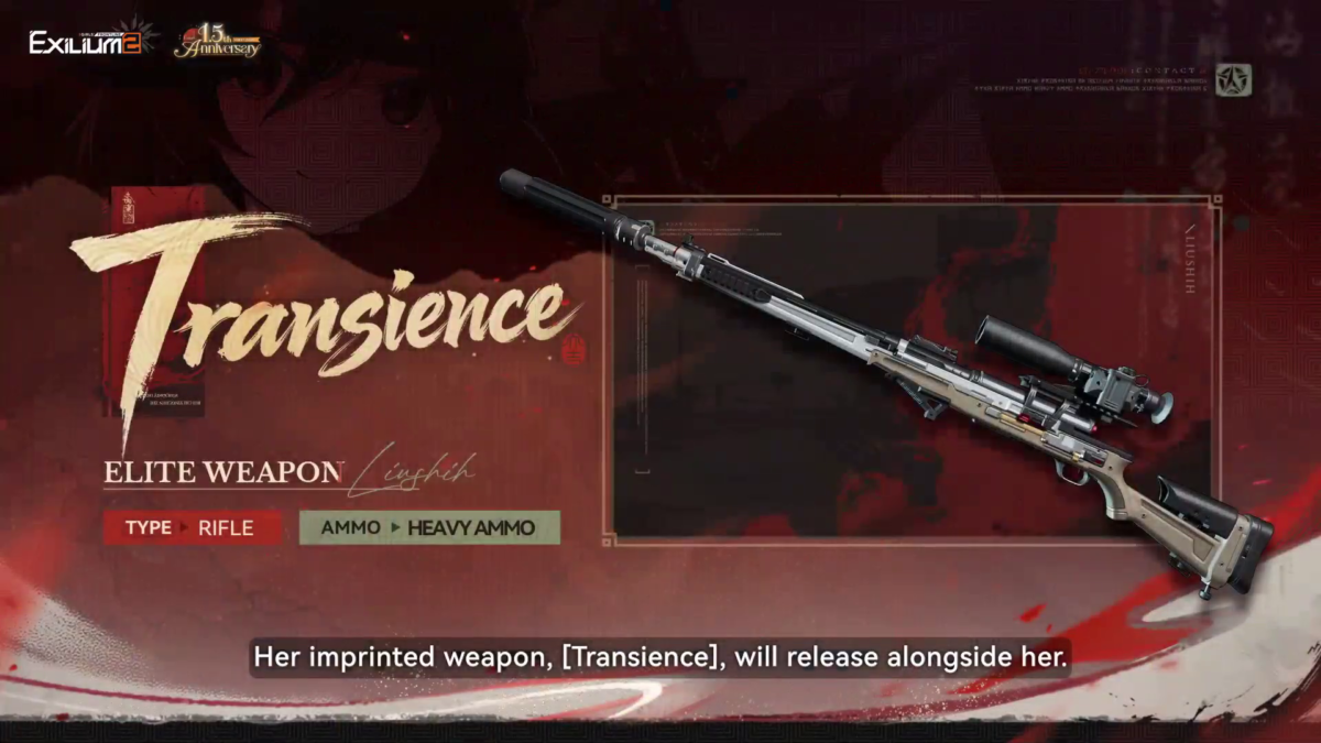 Transience elite long rifle item card overview with structural description fields.