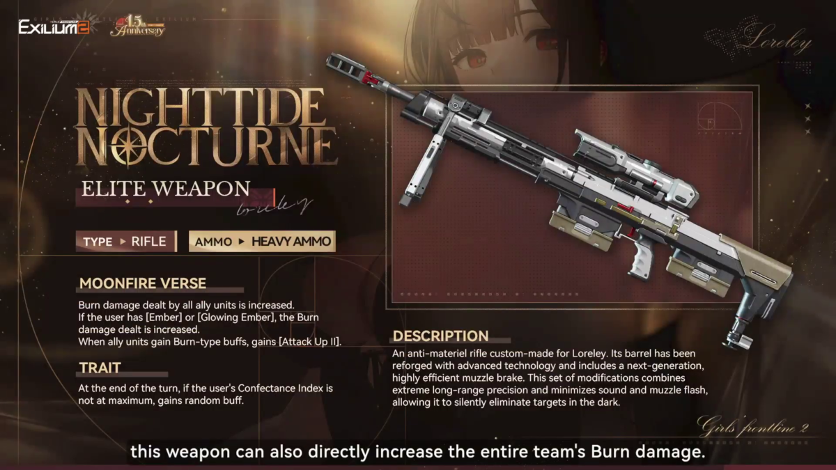 Nighttide Nocturne elite sniper rifle item card with weapon stats and passive burn damage traits.