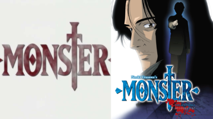 Naoki Urasawa's Monster logo alongside the official Discotek Media Blu-ray box art for Collection 1.