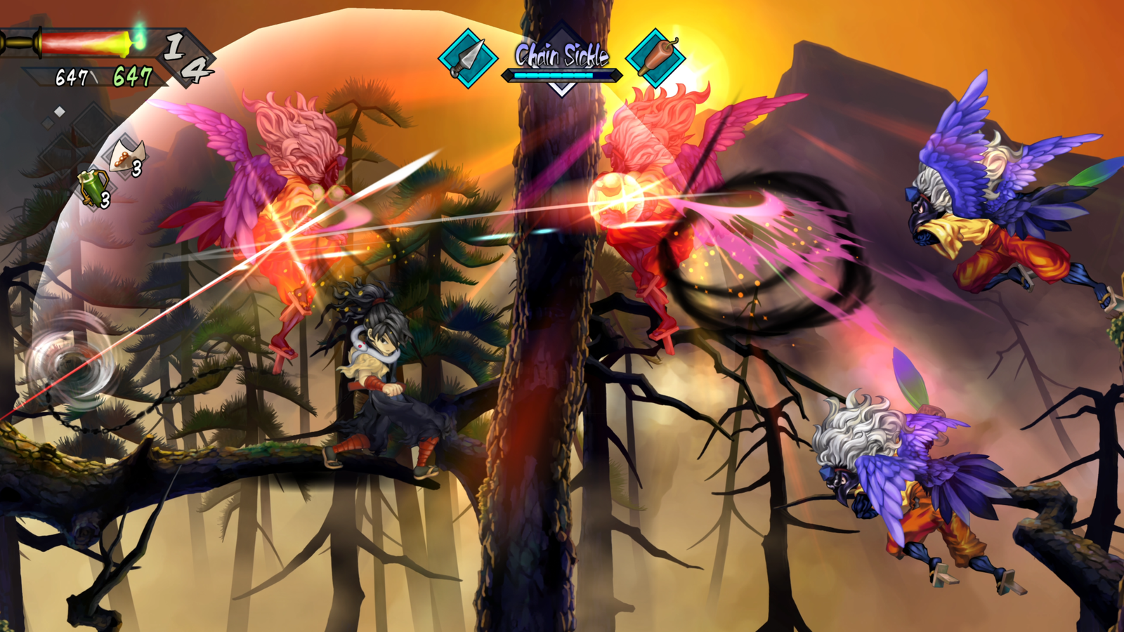 Arashimaru fighting flying bird ninja enemies across pine branches in Muramasa Revenant Blades.