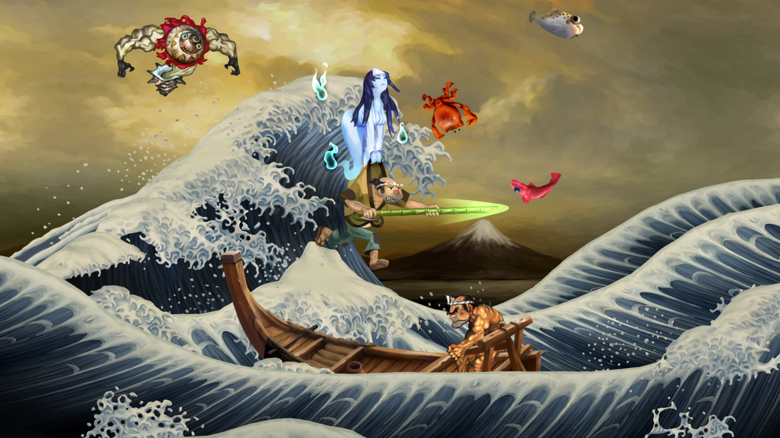 The peasant fighter Gonbe navigating giant ocean waves on a wooden boat in Muramasa Revenant Blades.