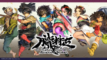 Panoramic promotional key art for Muramasa Revenant Blades PC displaying the six playable heroes standing side by side.