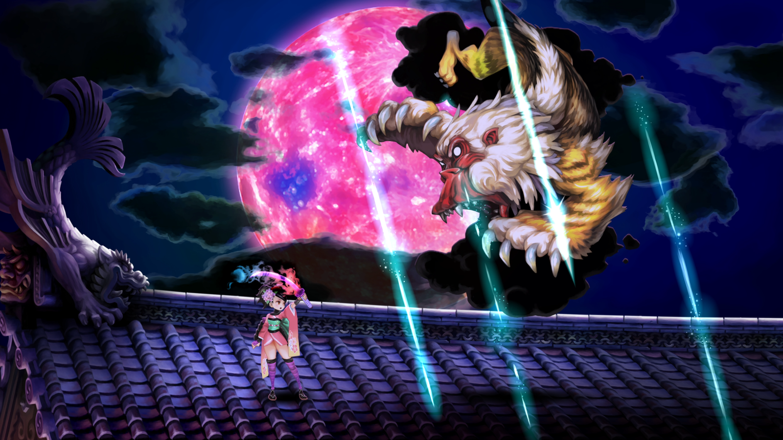 Momohime fighting a giant red monkey boss on a tiled palace roof in Muramasa Revenant Blades.
