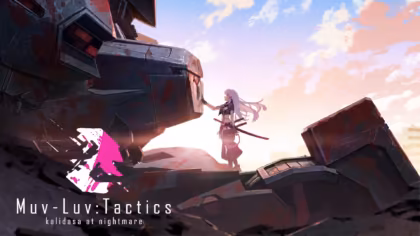 Promotional key art from the Muv-Luv Tactics Kalidasa at Nightmare PC trailer showing a character standing by a damaged mecha.